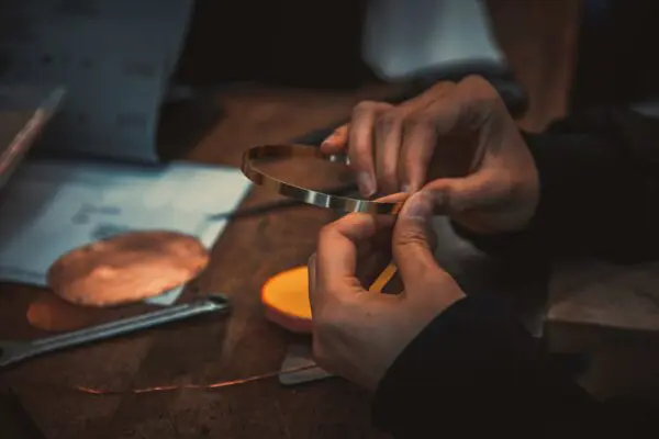 Hands holding metal, making jewellery in a workshop